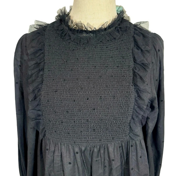 THE GREAT. The Portrait Tulle-Trimmed Flocked Cotton-Blend Voile Smocked Blouse - Picture 7 of 16